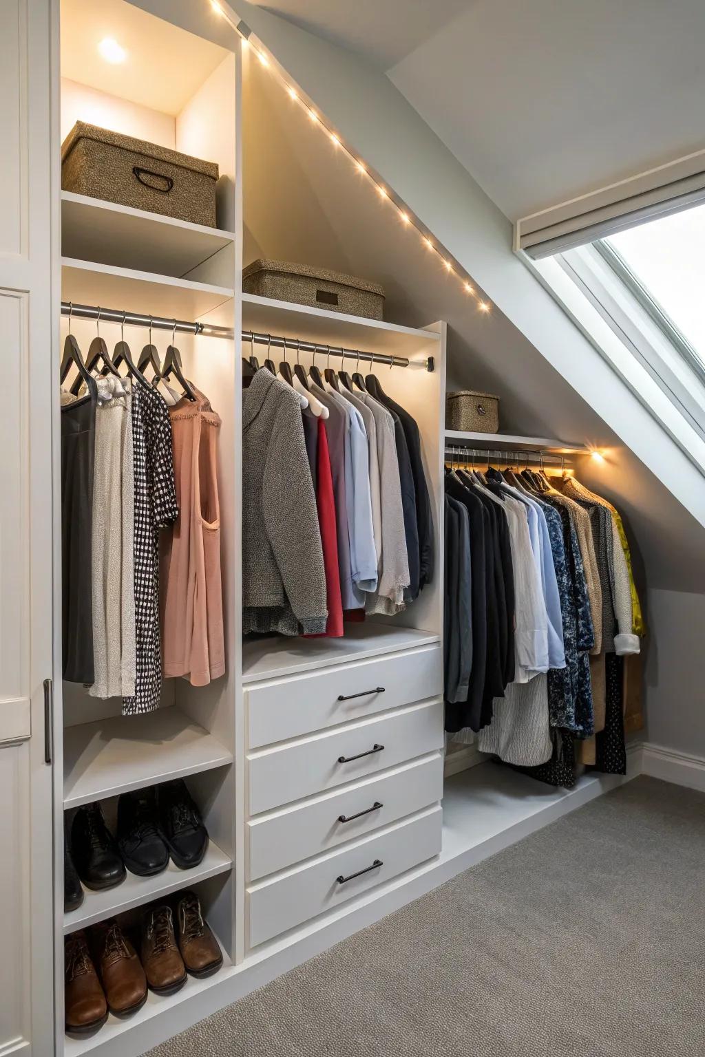 Adjustable rods bring balance to sloping closets.