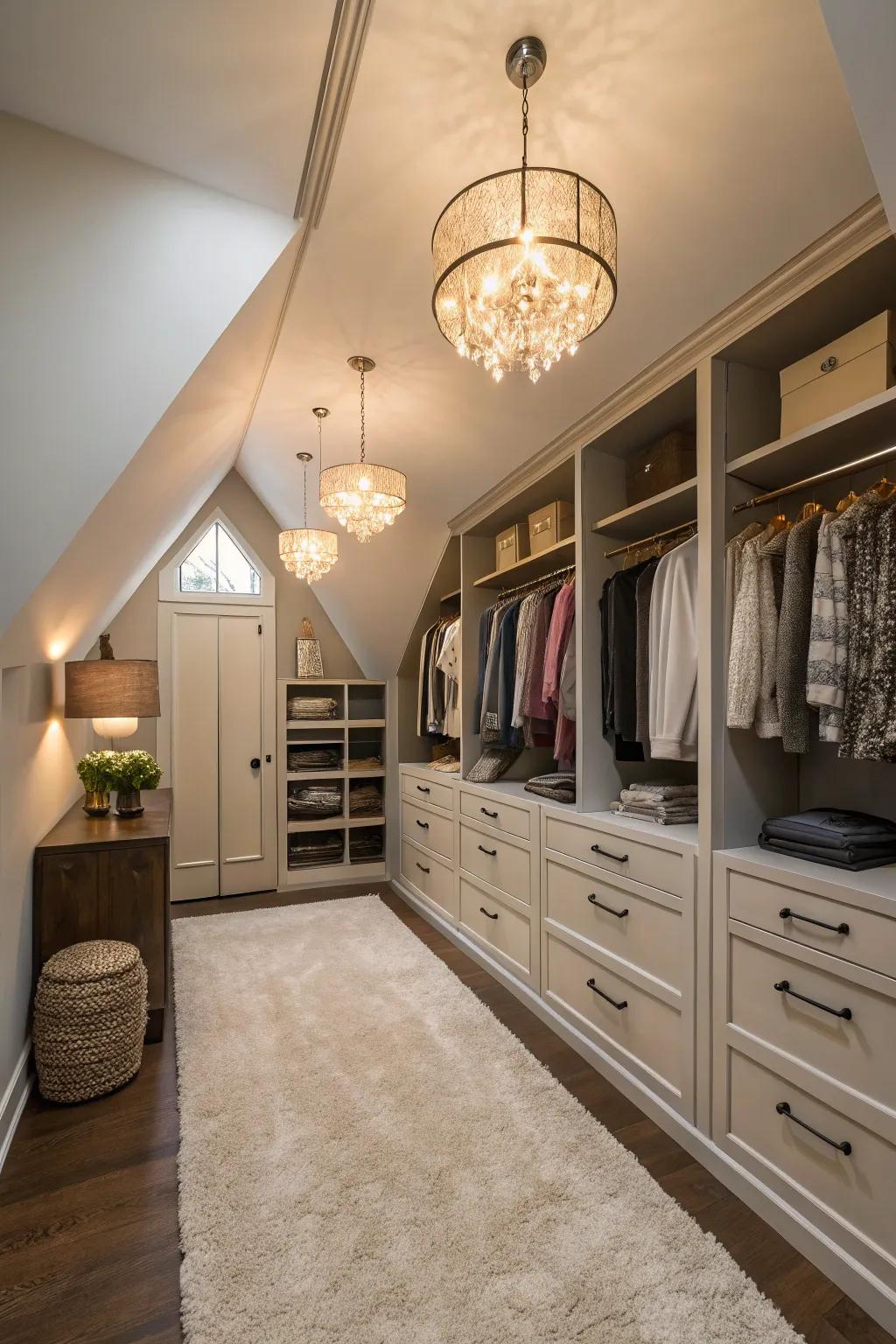 Decorative touches like rugs and lighting make your closet feel welcoming and fashionable.