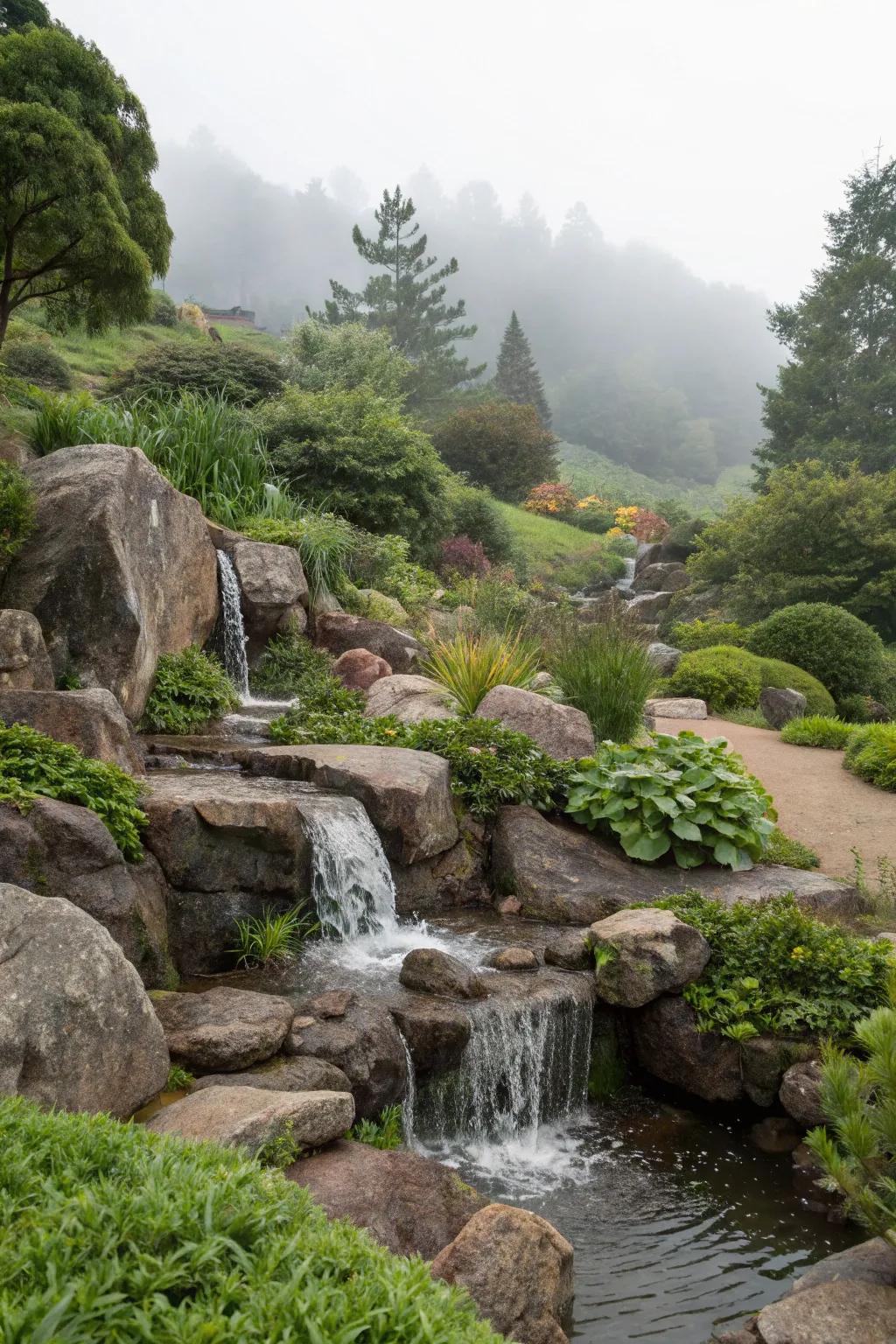 A waterfall contributes serenity to a sloping garden.