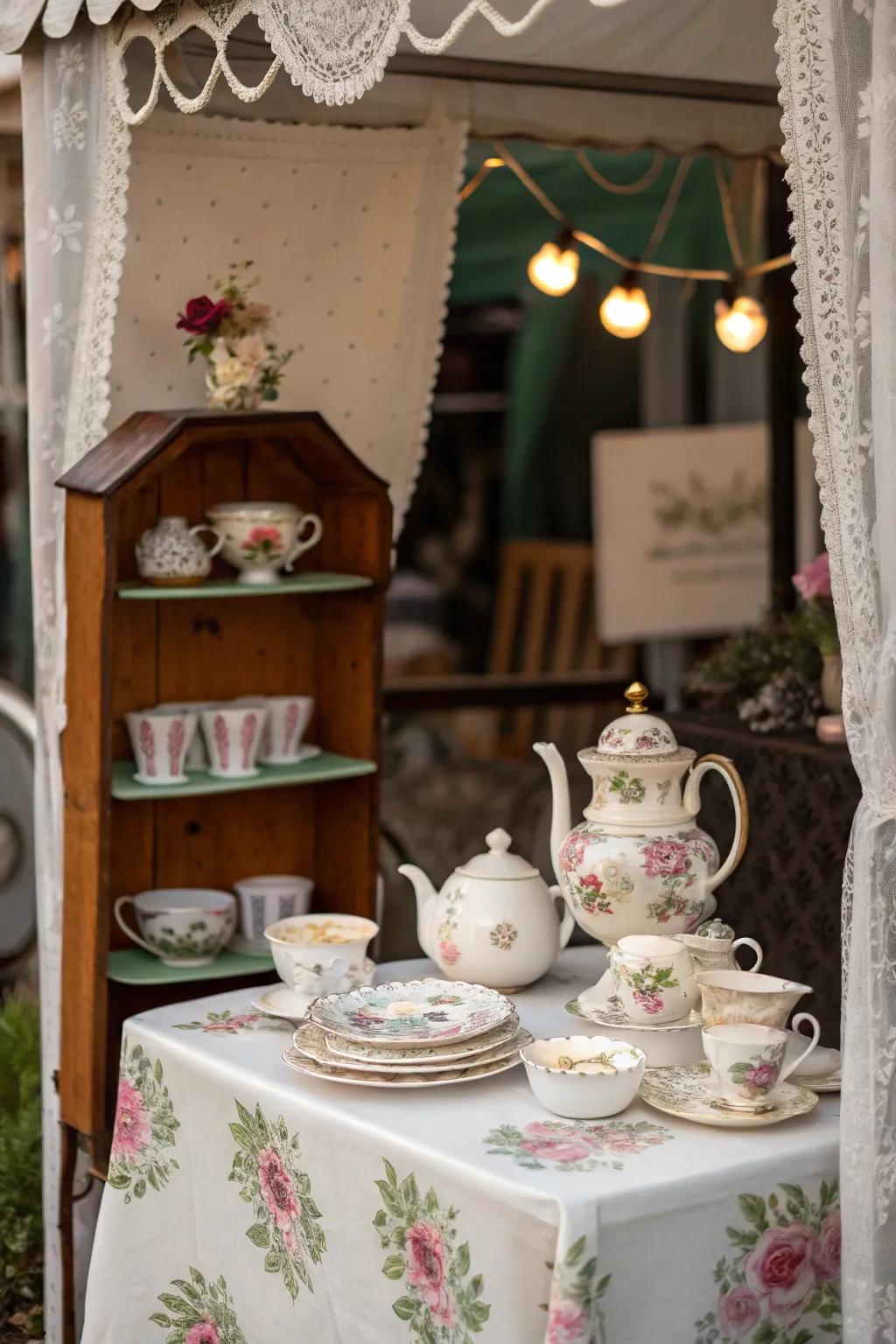 Themed arrangement of a heritage tea collection and flowered table settings