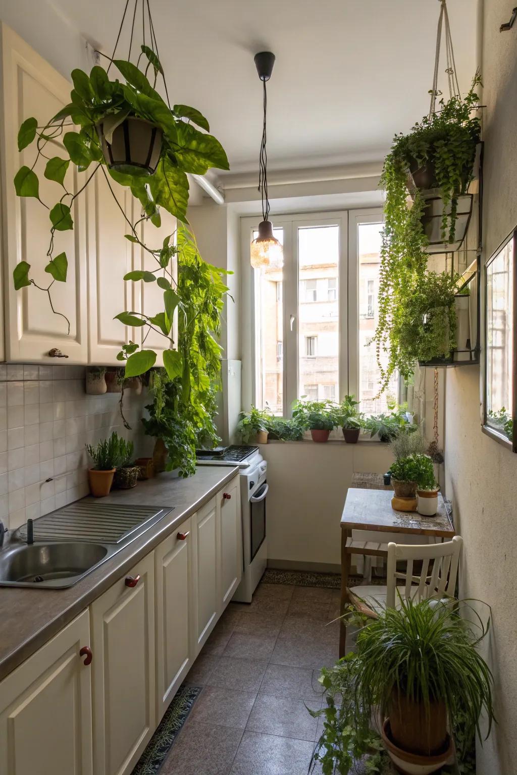 Hanging plants bring life and color to small rooms.