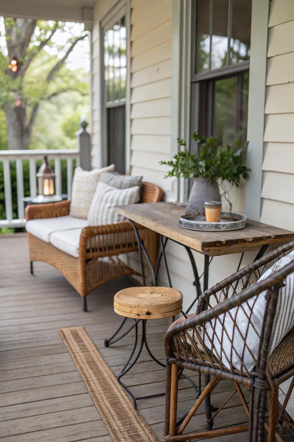 A mix of materials delivers texture and depth to a modest back porch.