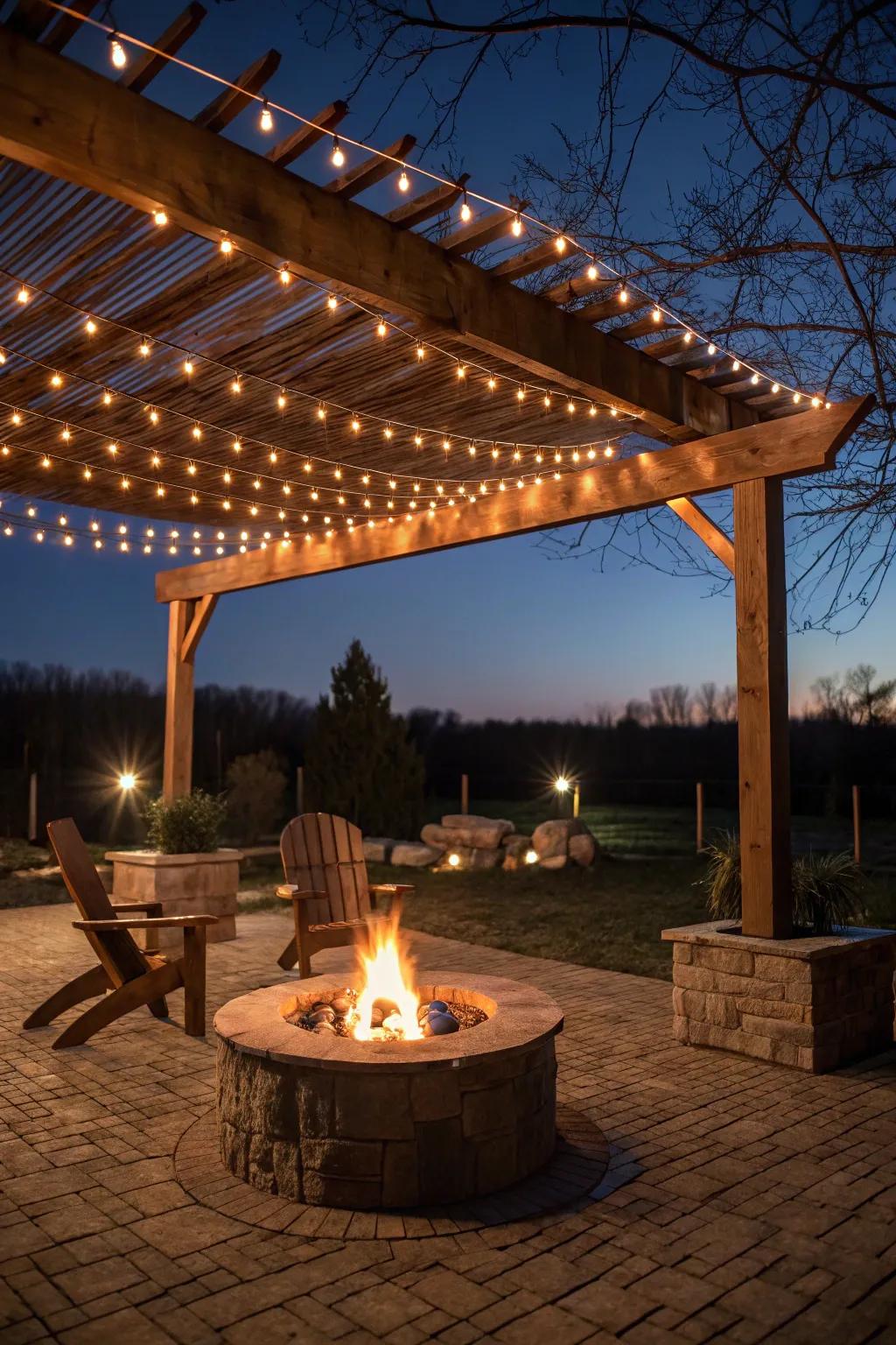 A trellis with twinkle lights elevates the fire pit zone with a magical ambiance.