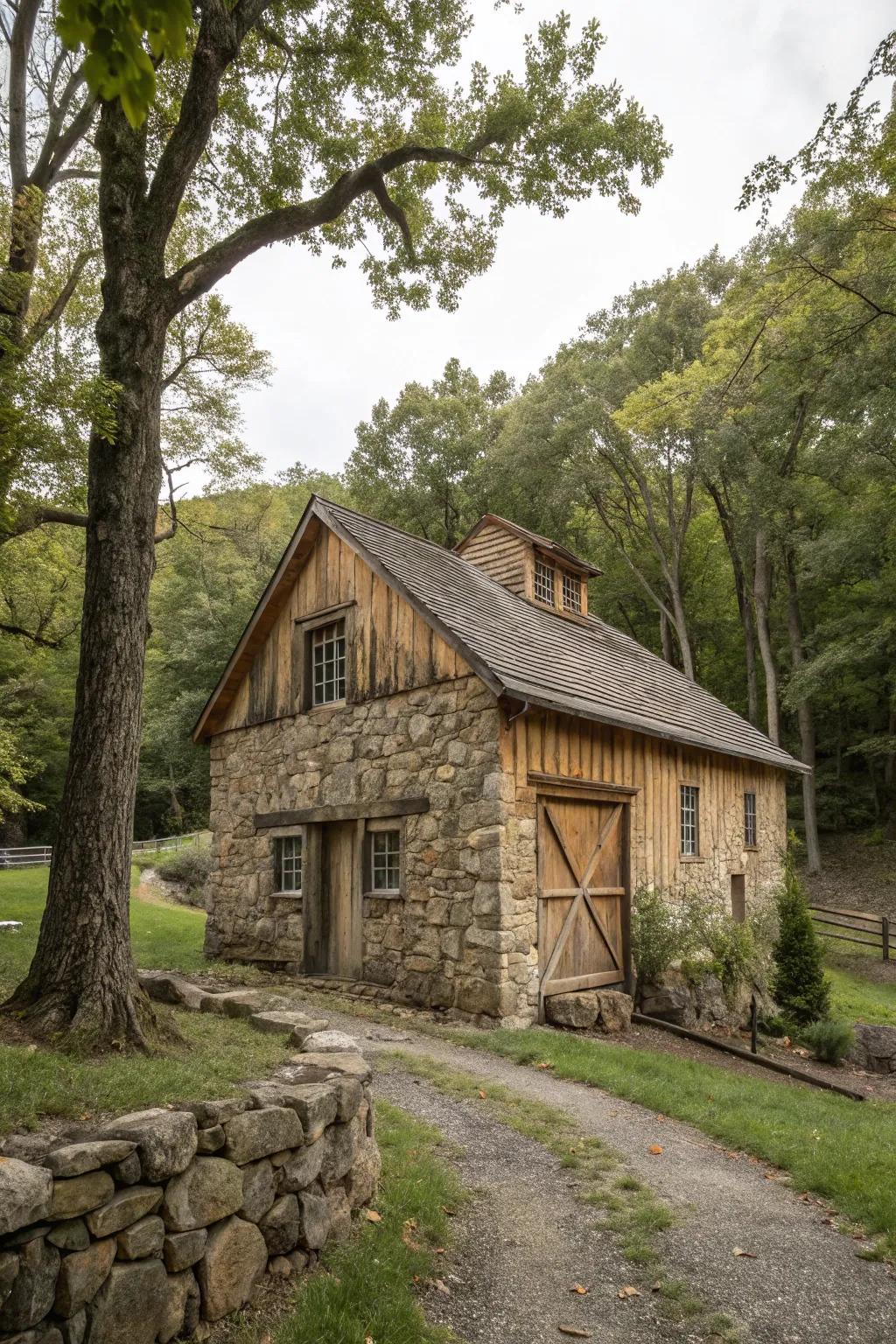 A barn harmoniously integrated into its natural setting.