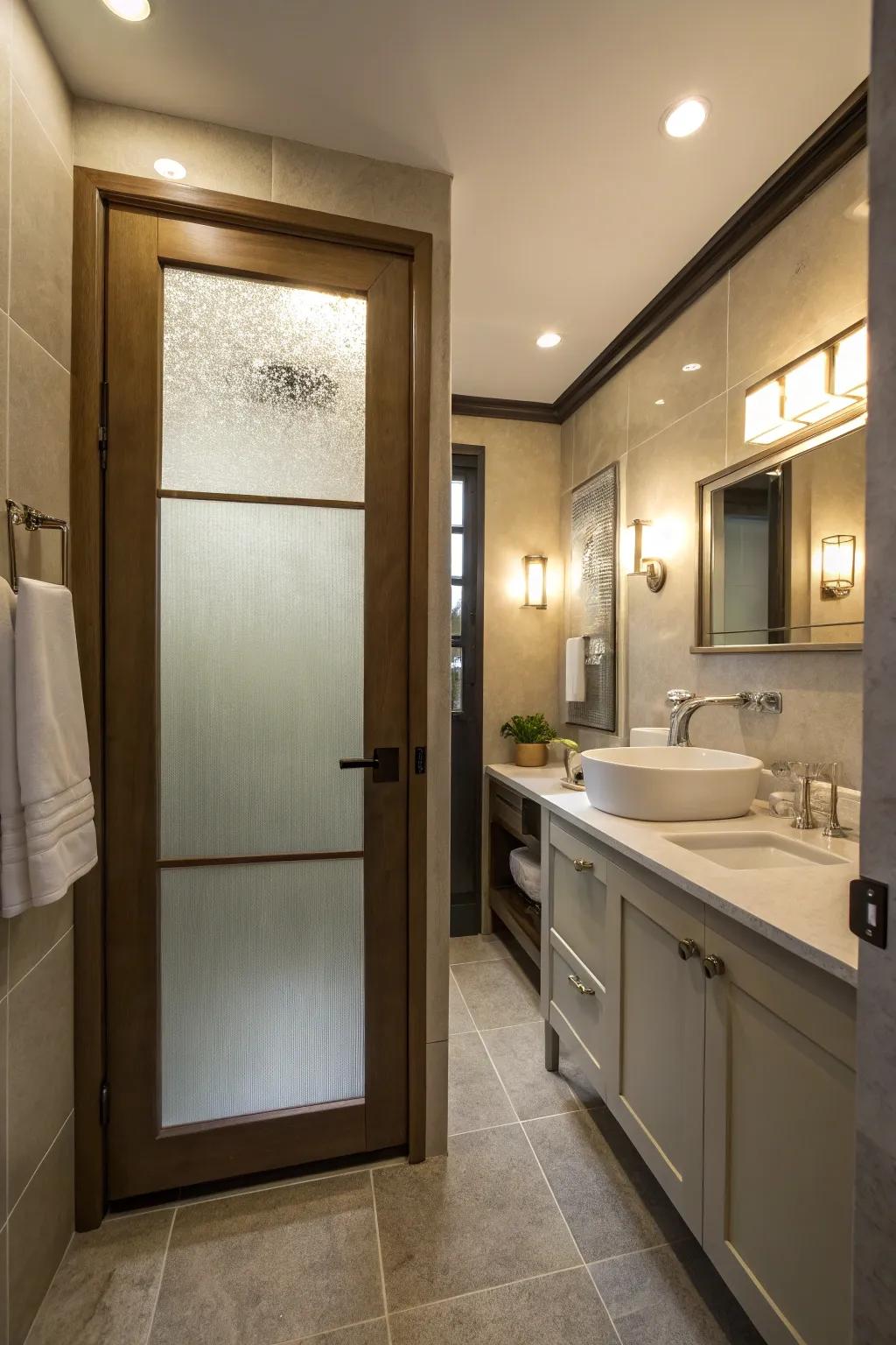Frosted glass doors harmonize privacy with light.