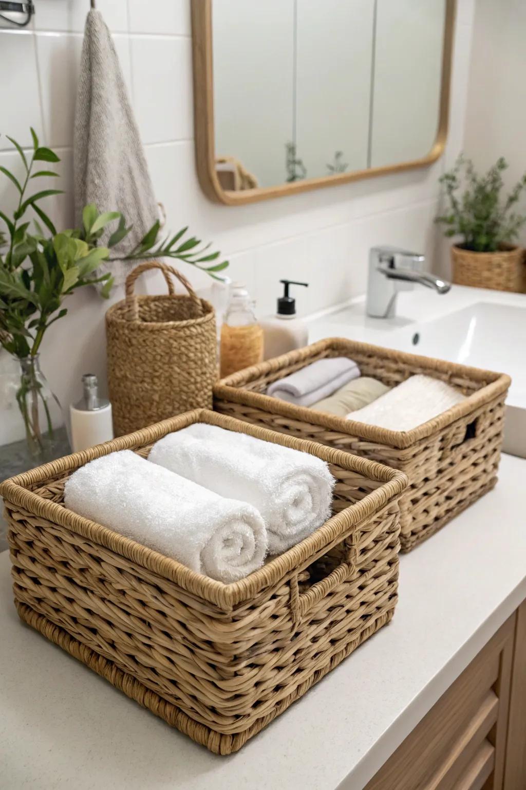 Wicker baskets provide both visual appeal and useful storage.