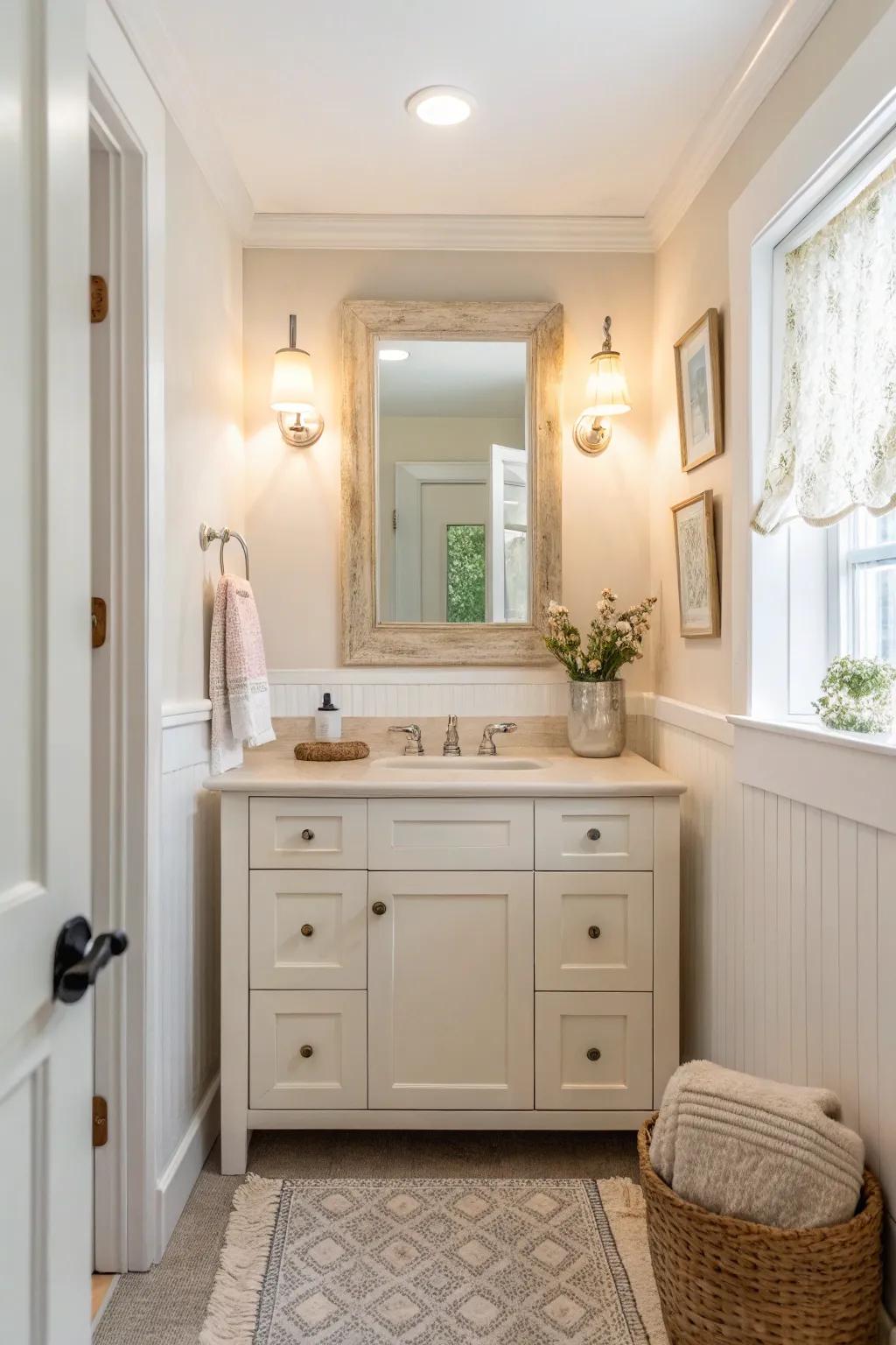 A light-toned vanity imparting brightness and a sense of space to a compact bathroom.