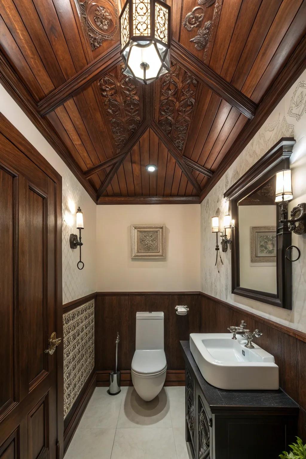 A shadowy wood roof introduces drama and luxury to this bathroom.