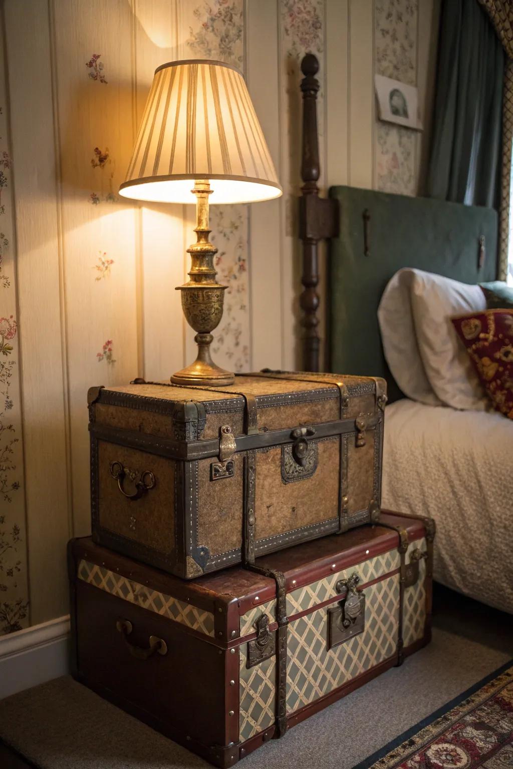 Stacked vintage trunks function as a stylish and functional bedside table.