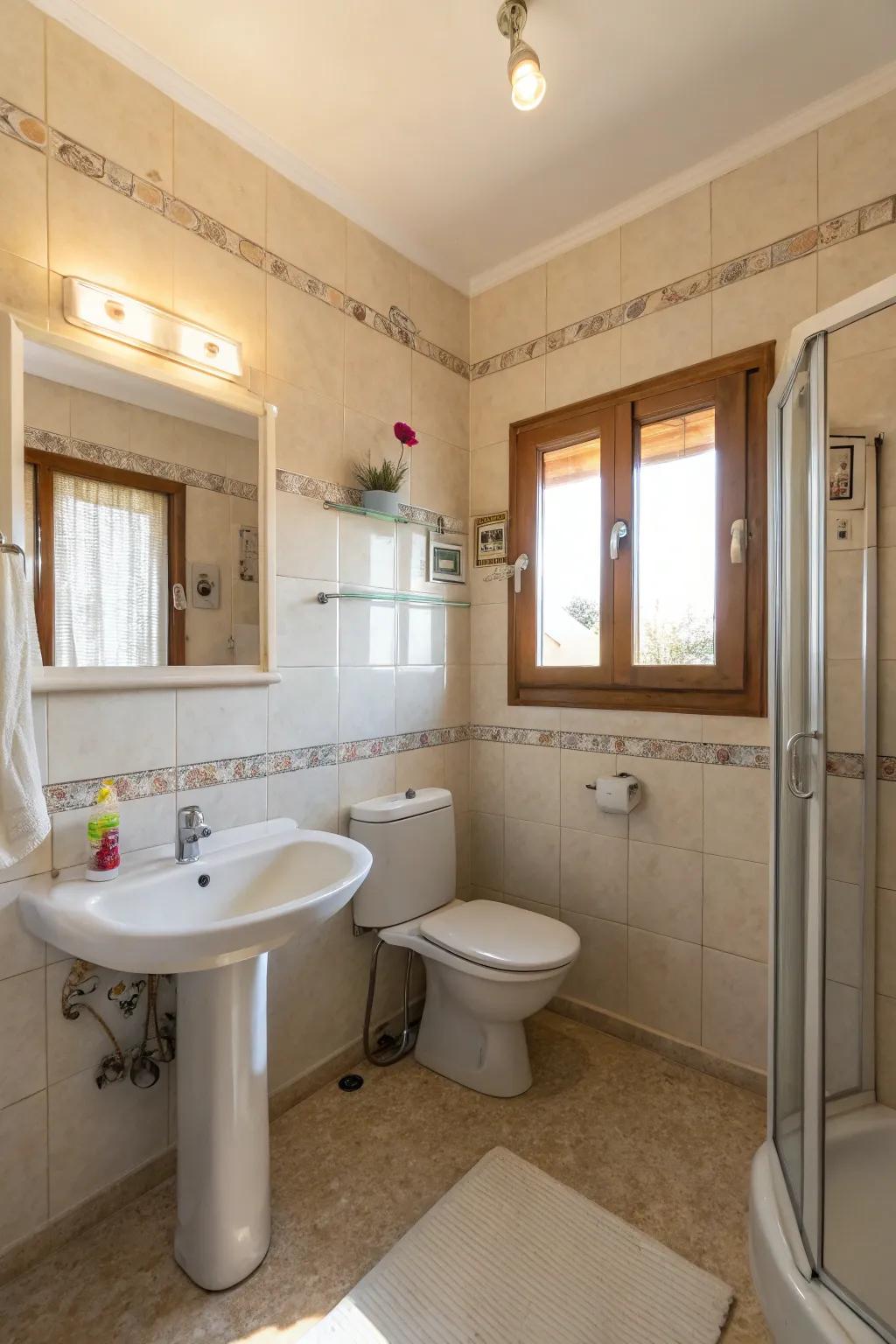 A bright, compact bathroom combining natural and artificial light.