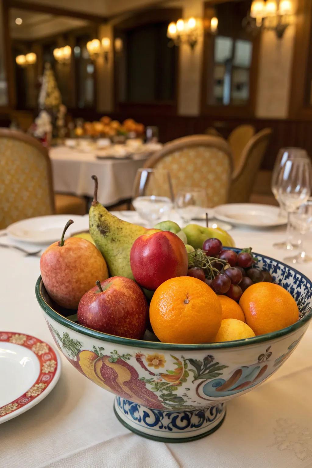 A centerpiece that is both colorful and fresh, utilizing nature’s bounty.