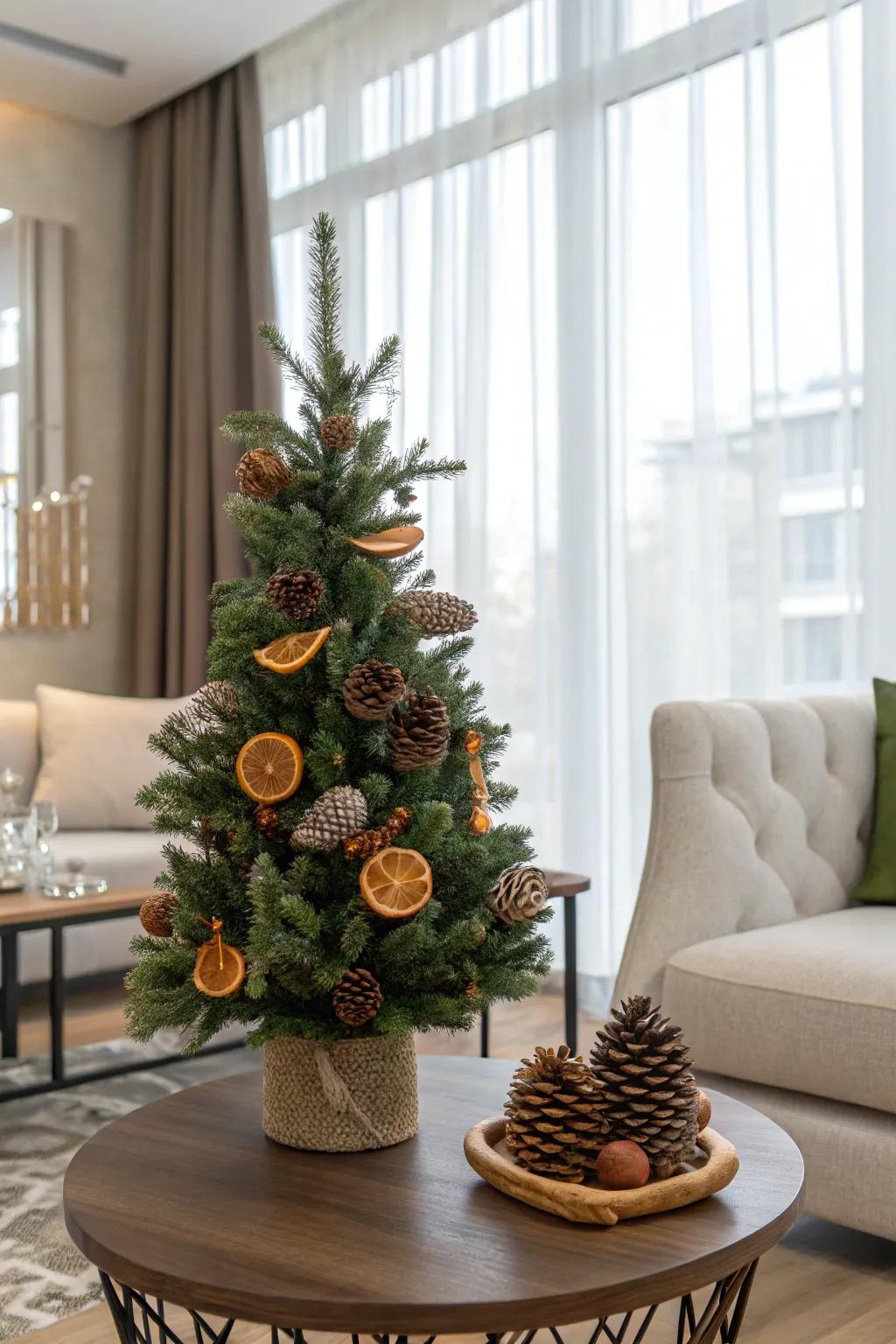 Natural elements infuse a warm, organic sensation into this small Christmas tree.