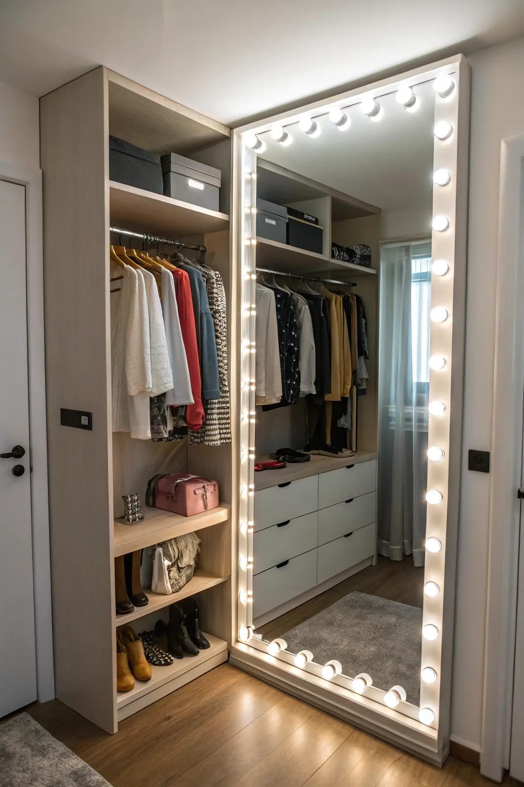 A mirror with lights enhances both utility and style.