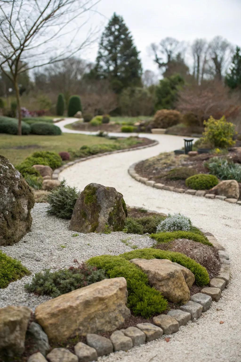 Charming gravel routes winding through a corner rock garden.