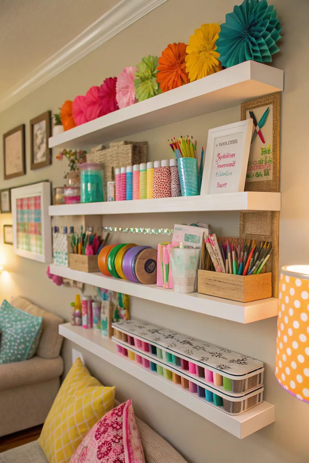 Floating ledges provide storage without using floor space.