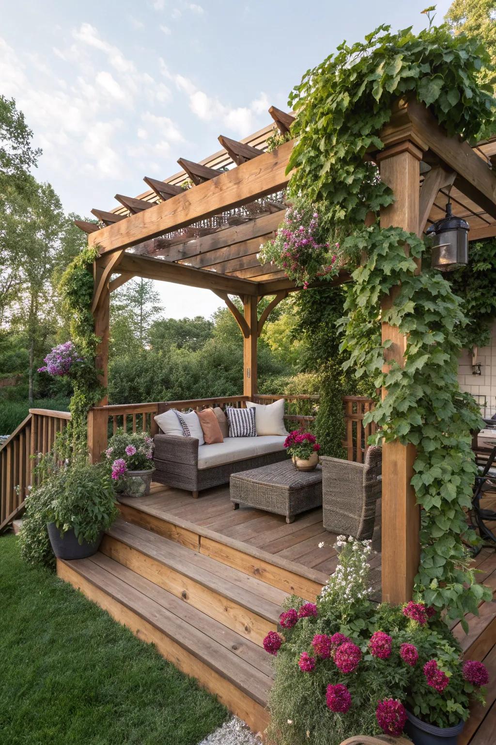 A shaded compact deck enhanced by a wood garden arbor.