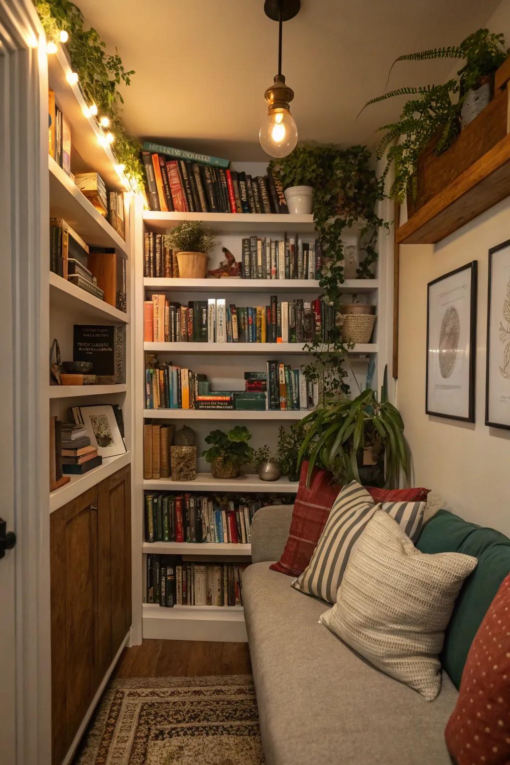 Built-in shelves take advantage of storage in a small den.