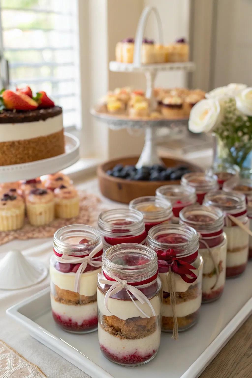 Layered dessert jars offer a sophisticated and customized feel.