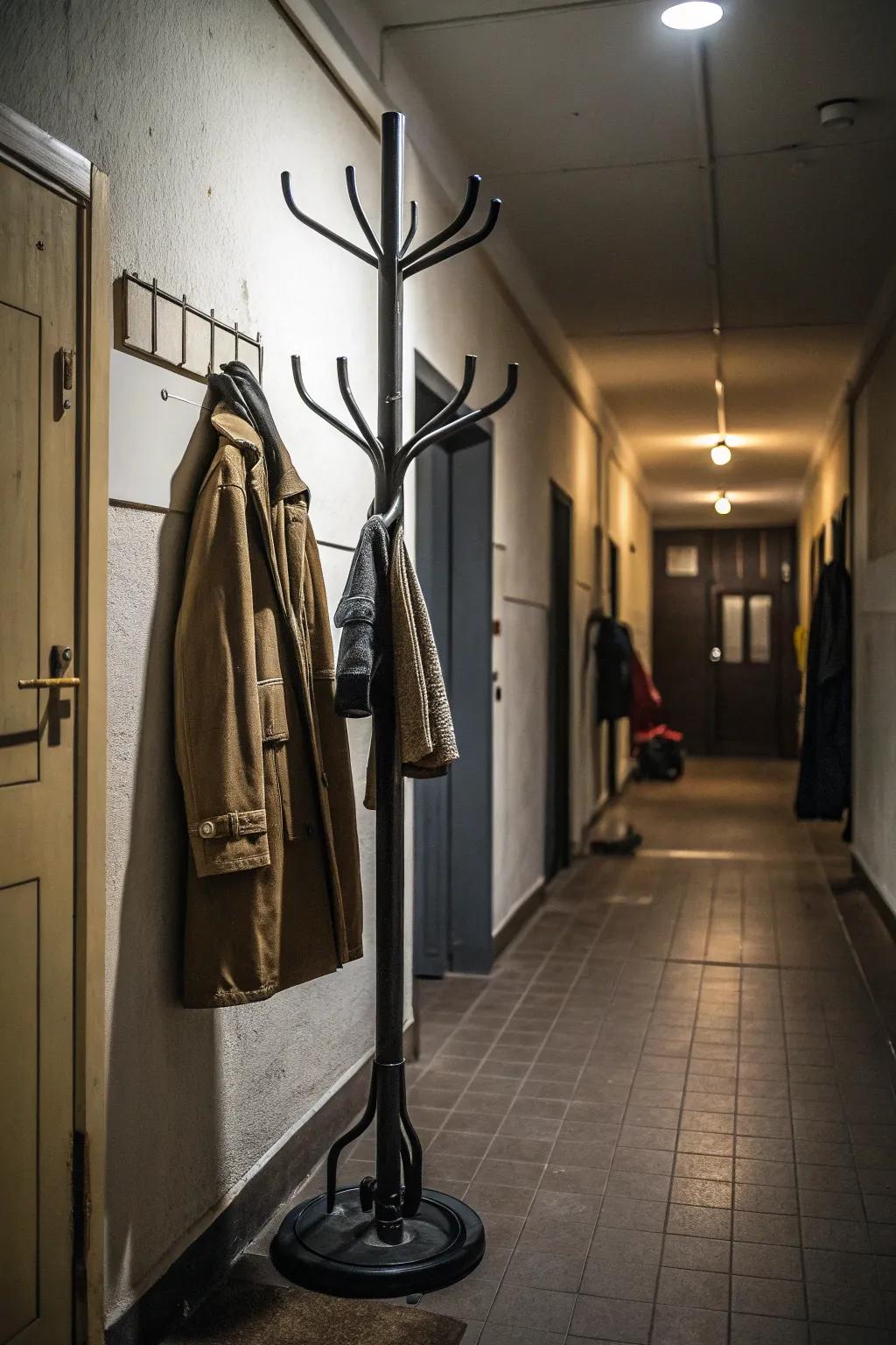 A space-conscious coat tree ideal for narrow hallways.