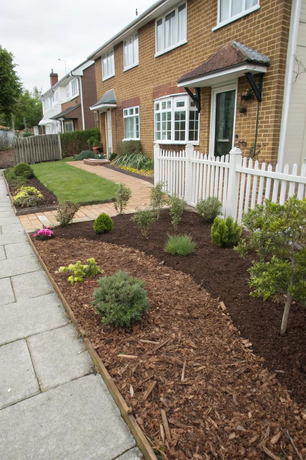 An organized front garden with mulch covering plant beds for straightforward maintenance.