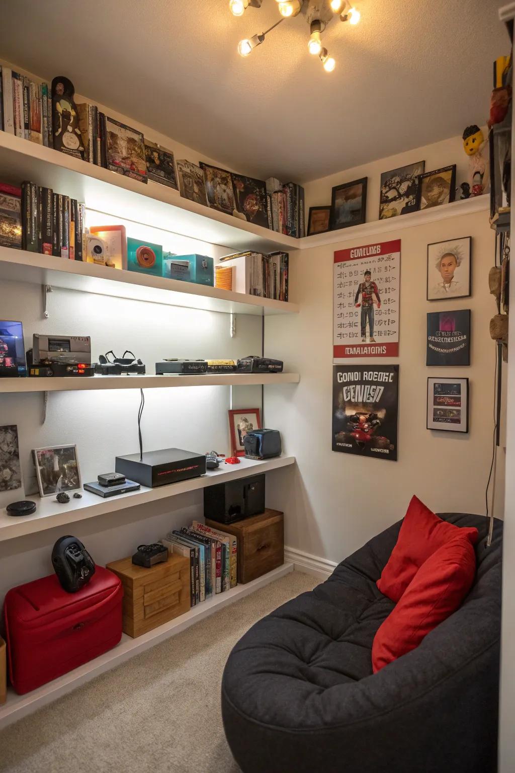 Elevated shelves offer smart storage.