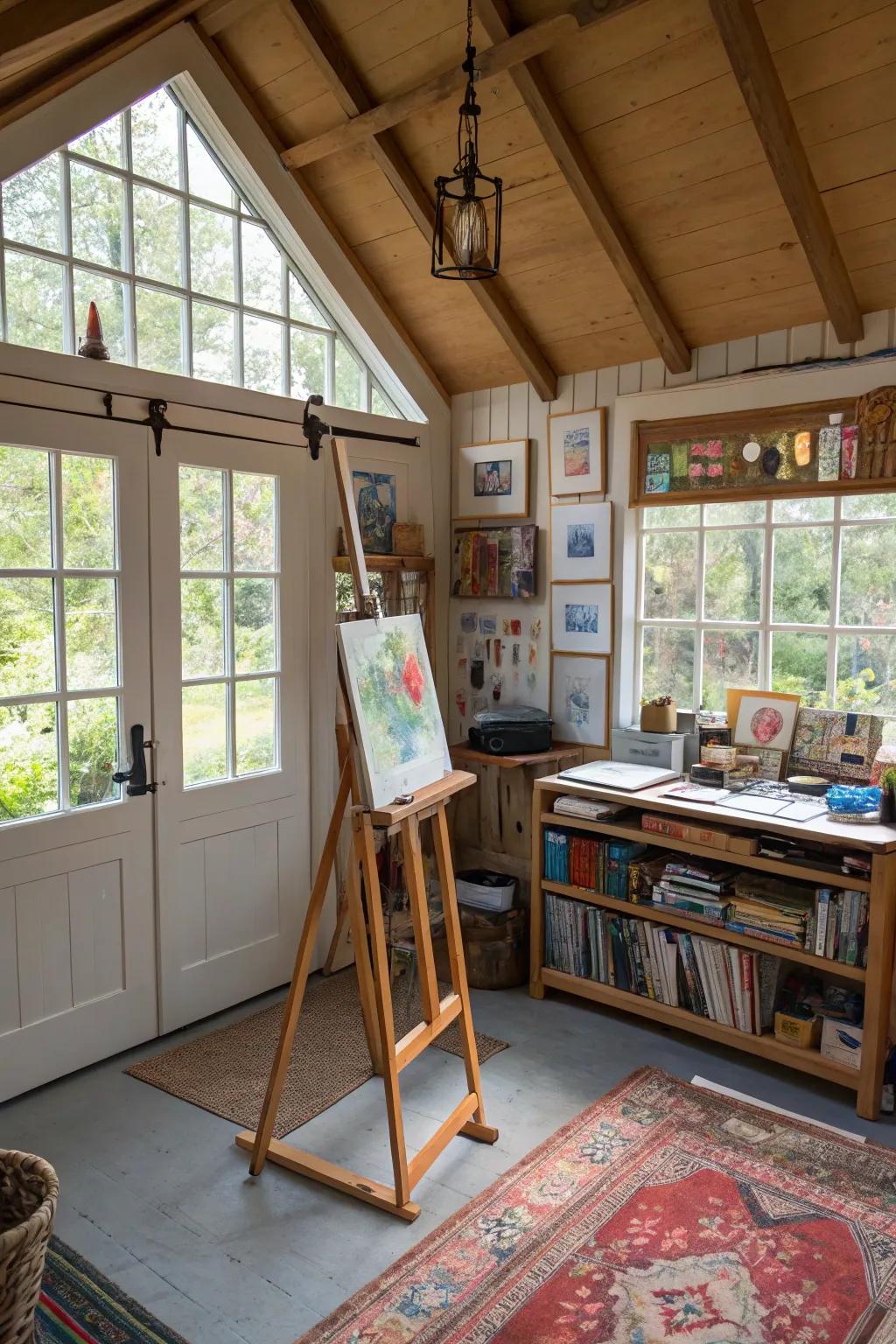 A small garage has been reimagined as an artist's studio.