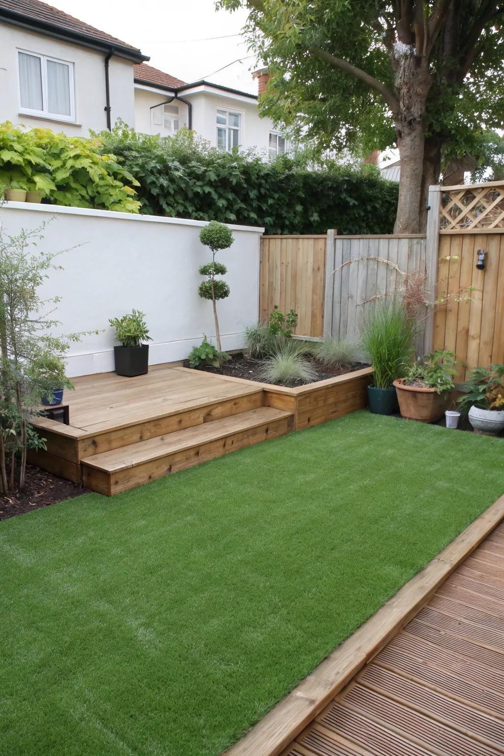 A multi-tiered garden element integrating synthetic turf and a wooden platform.
