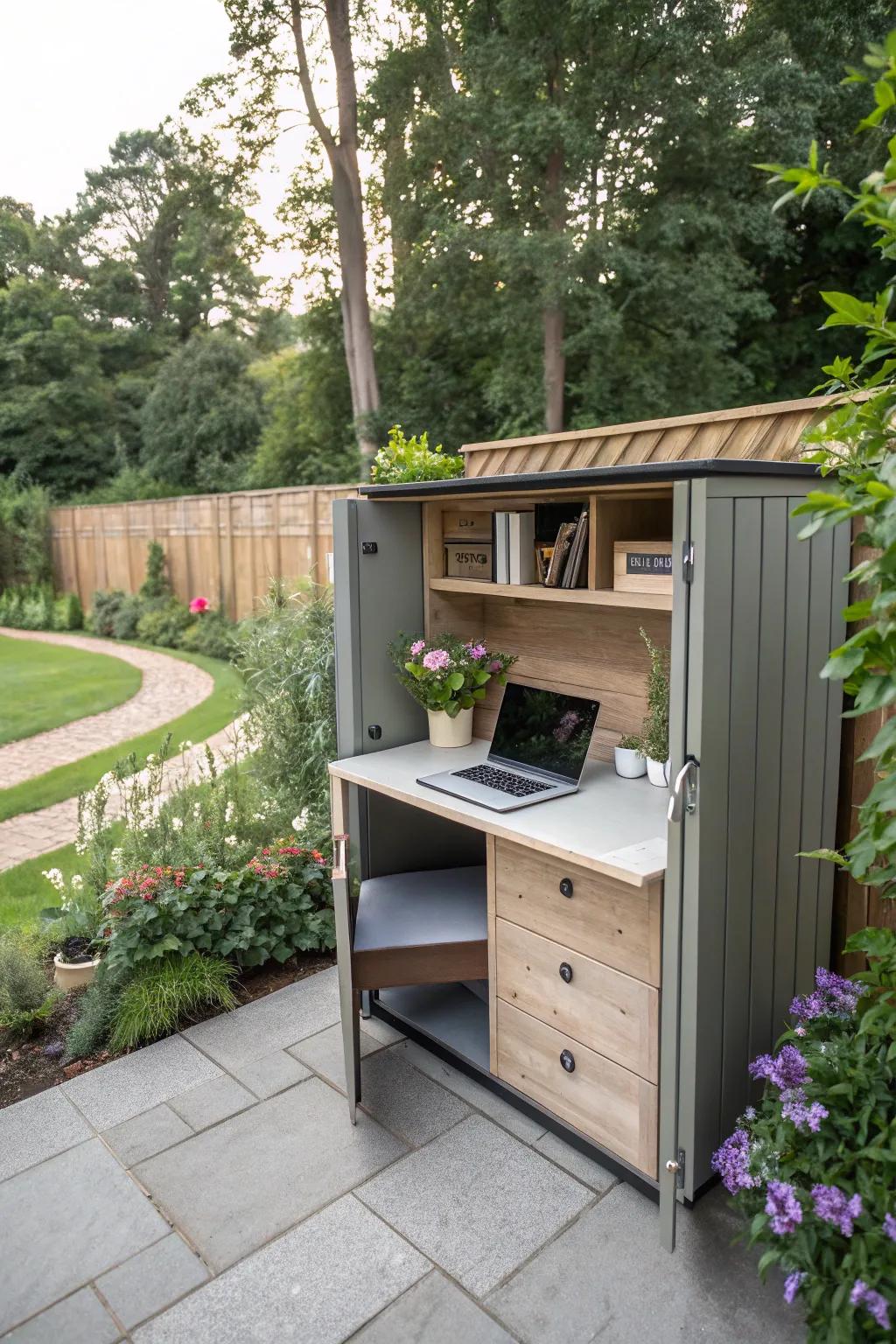 Inventive utilization of adaptable furniture in a backyard studio.