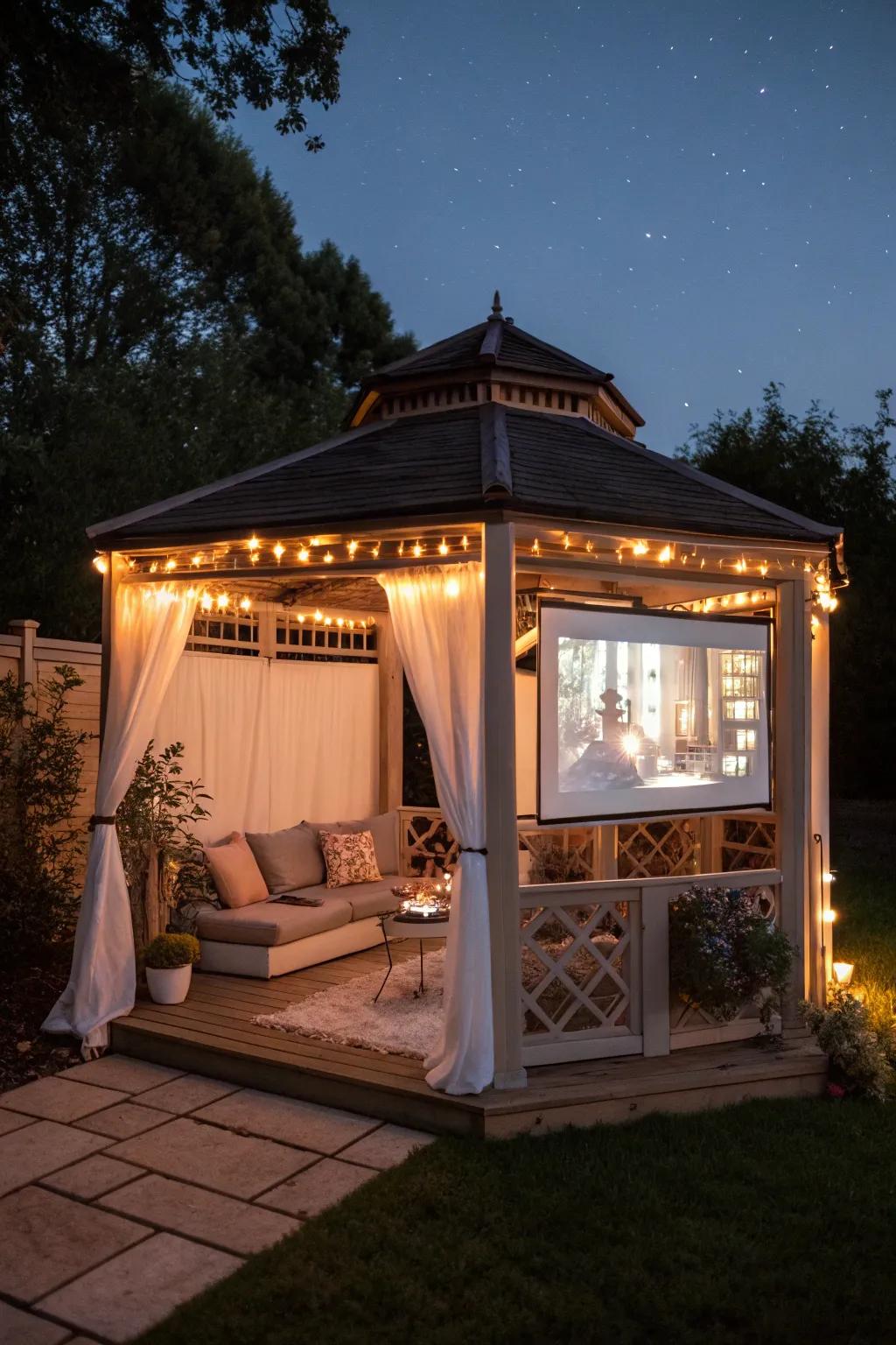 Relish cinematic enchantment outdoors with a pavilion cinema.
