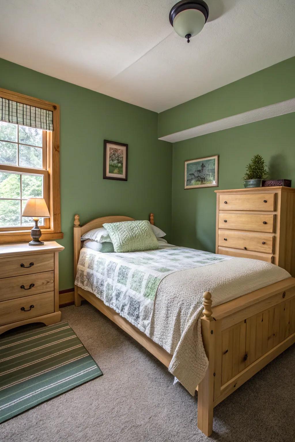 Pale wooden furnishings add warmth to a verdant bedroom.