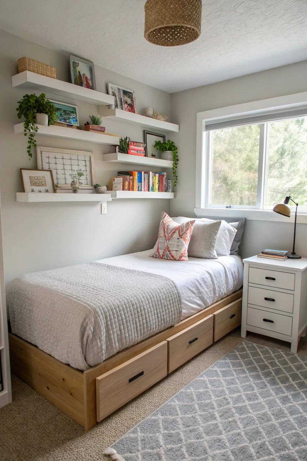 Smart storage helps keep the room organized and tidy.