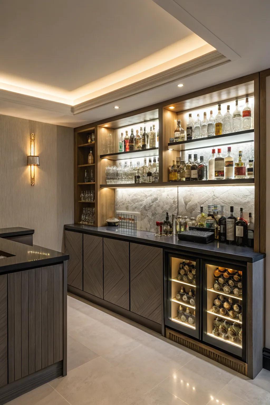 Highlight lighting can greatly improve the mood of your home bar.