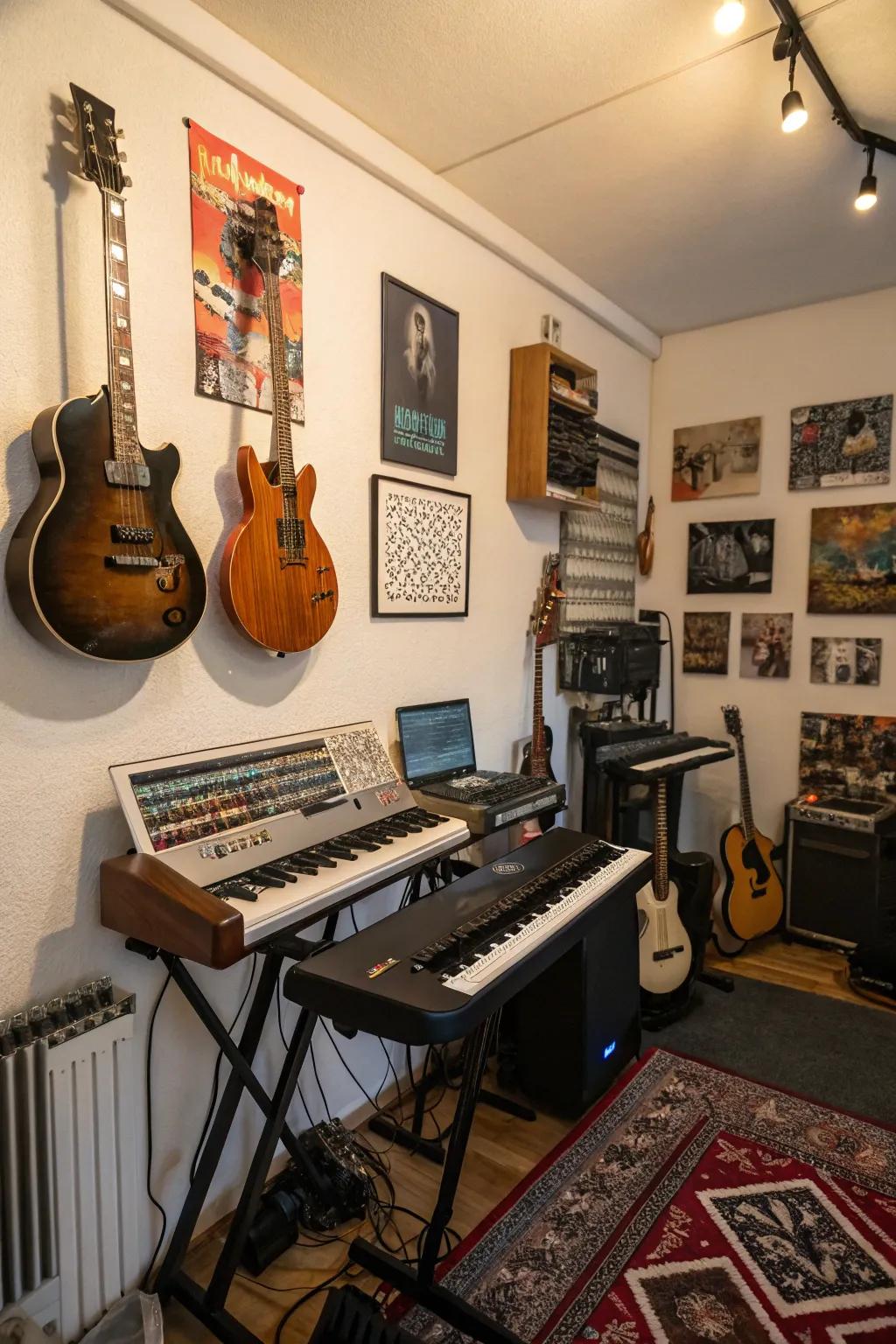 A wall showcase for instruments preserves area while incorporating an artistic flair.
