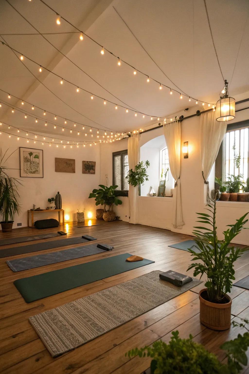 Yoga space featuring warm ambient lighting from lamps and string lights.