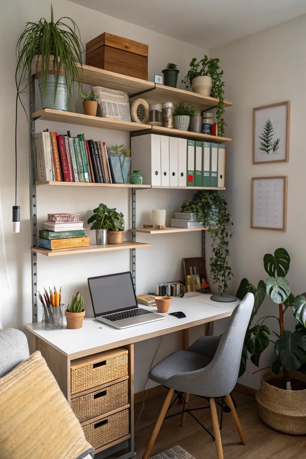 A small home office that uses wall shelving well.