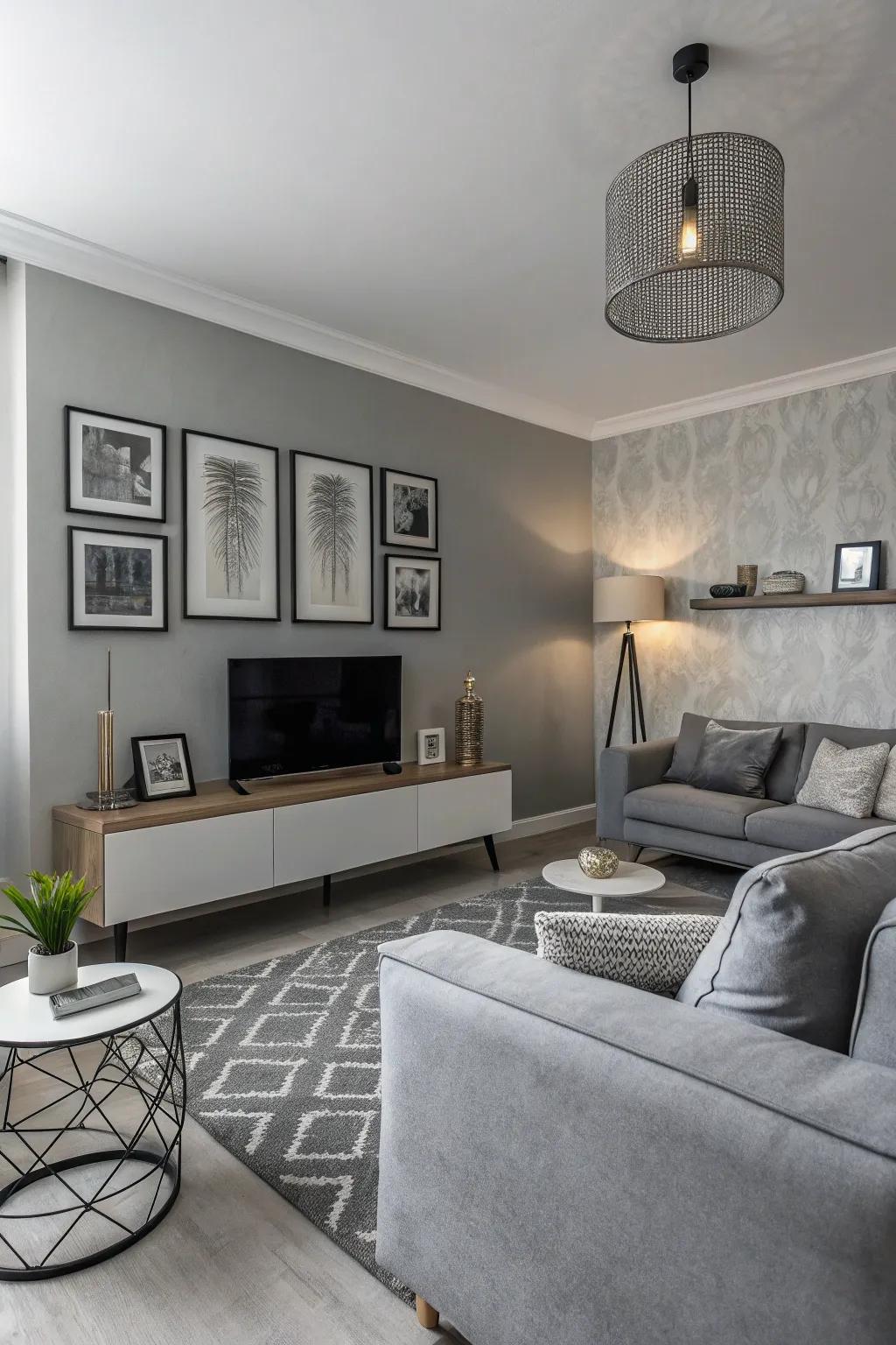 A compact parlor employing a monochrome color arrangement for a polished expression.