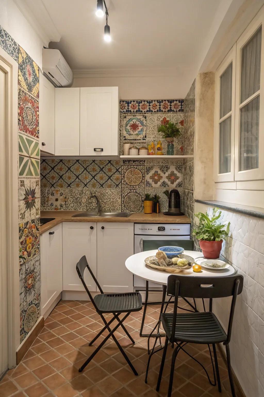 A decorative backsplash becomes a striking focal point in this kitchen.