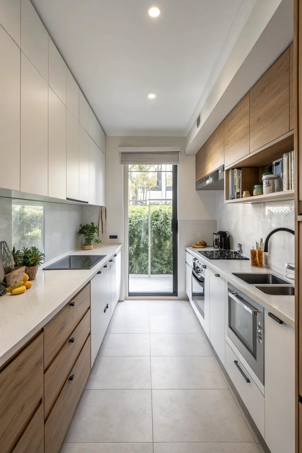 Minimalist aesthetics instill simplicity and sophistication in a petite kitchen.