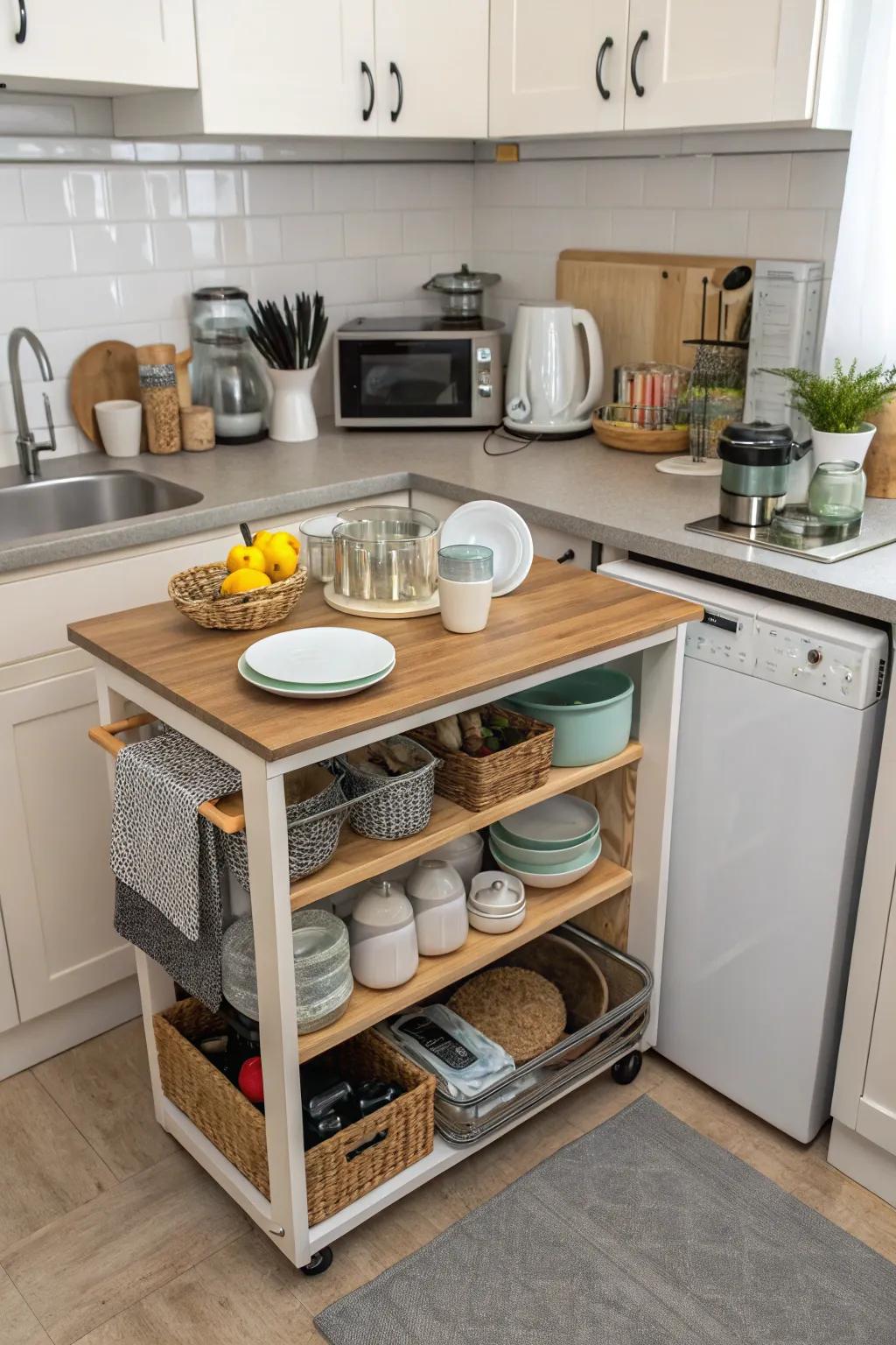 A collapsible table with hidden shelving solutions.