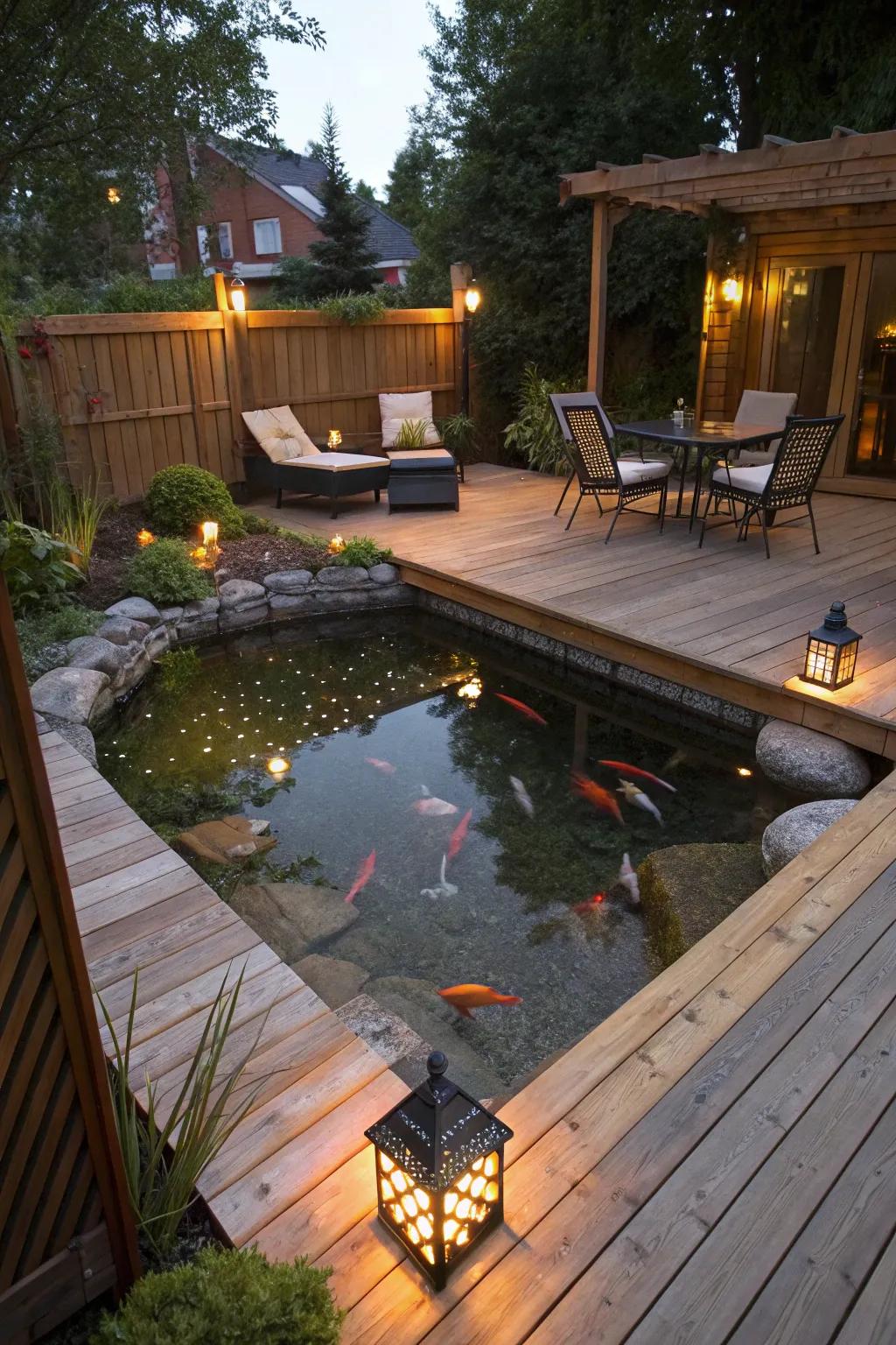A comfortable patio water garden ideal for evening unwinding.