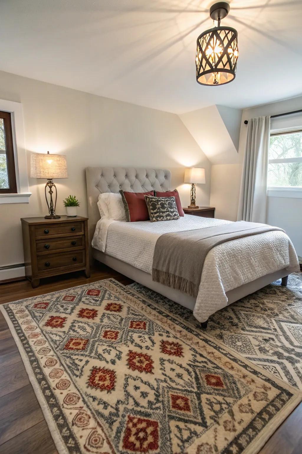Ornamental pieces impart individuality to a small primary bedroom.