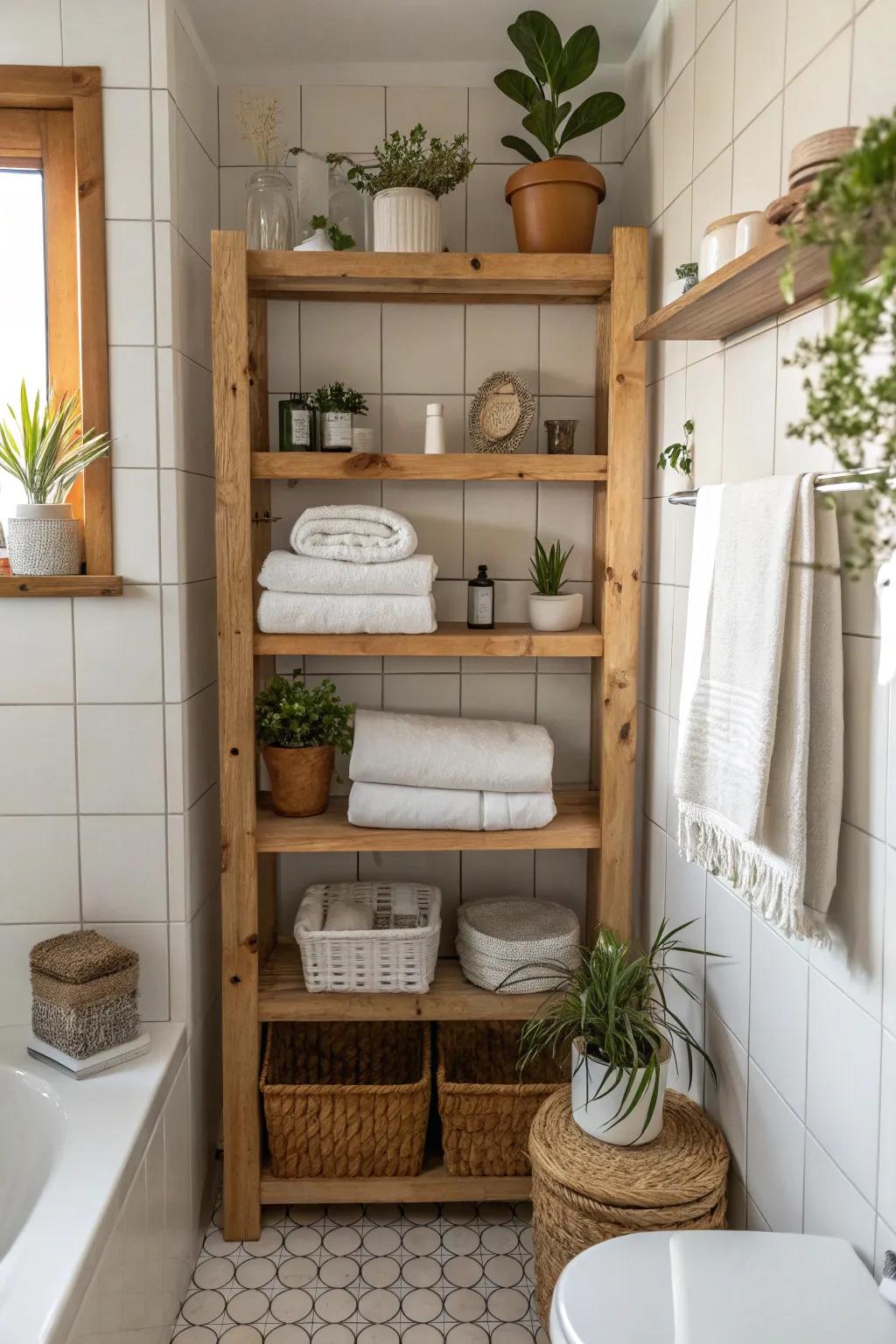 Effective storage through exposed timber shelves in a homespun bathroom.