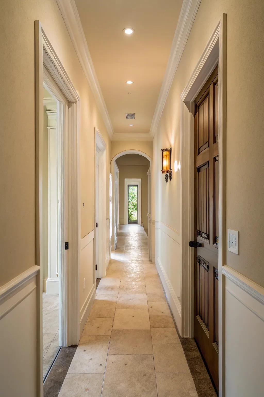 Light colors expand a narrow hallway, making it feel more open and spacious.