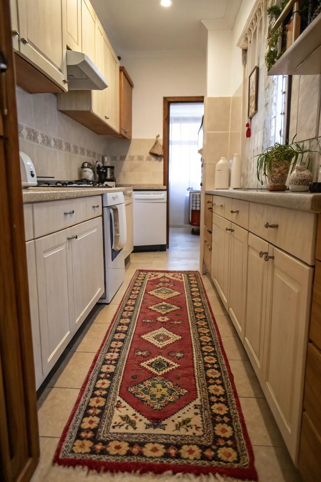 A vivid pathway introduces charm and character to this kitchen.