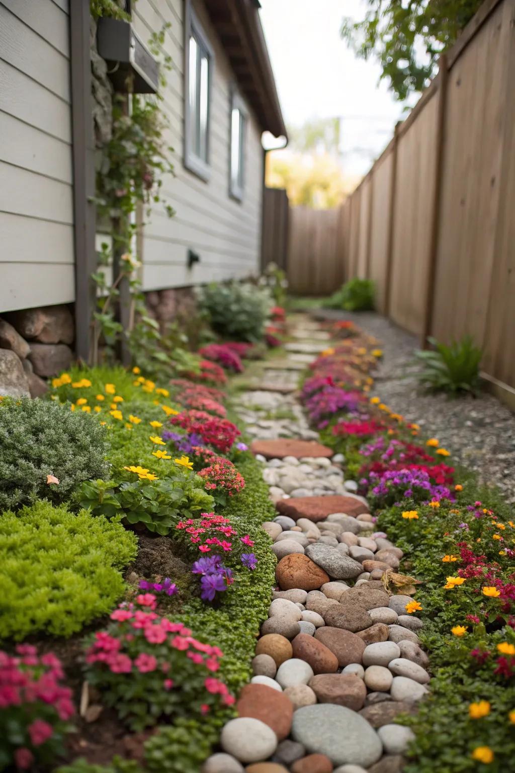Ornamental ground cover brings color and texture to slim side yards.
