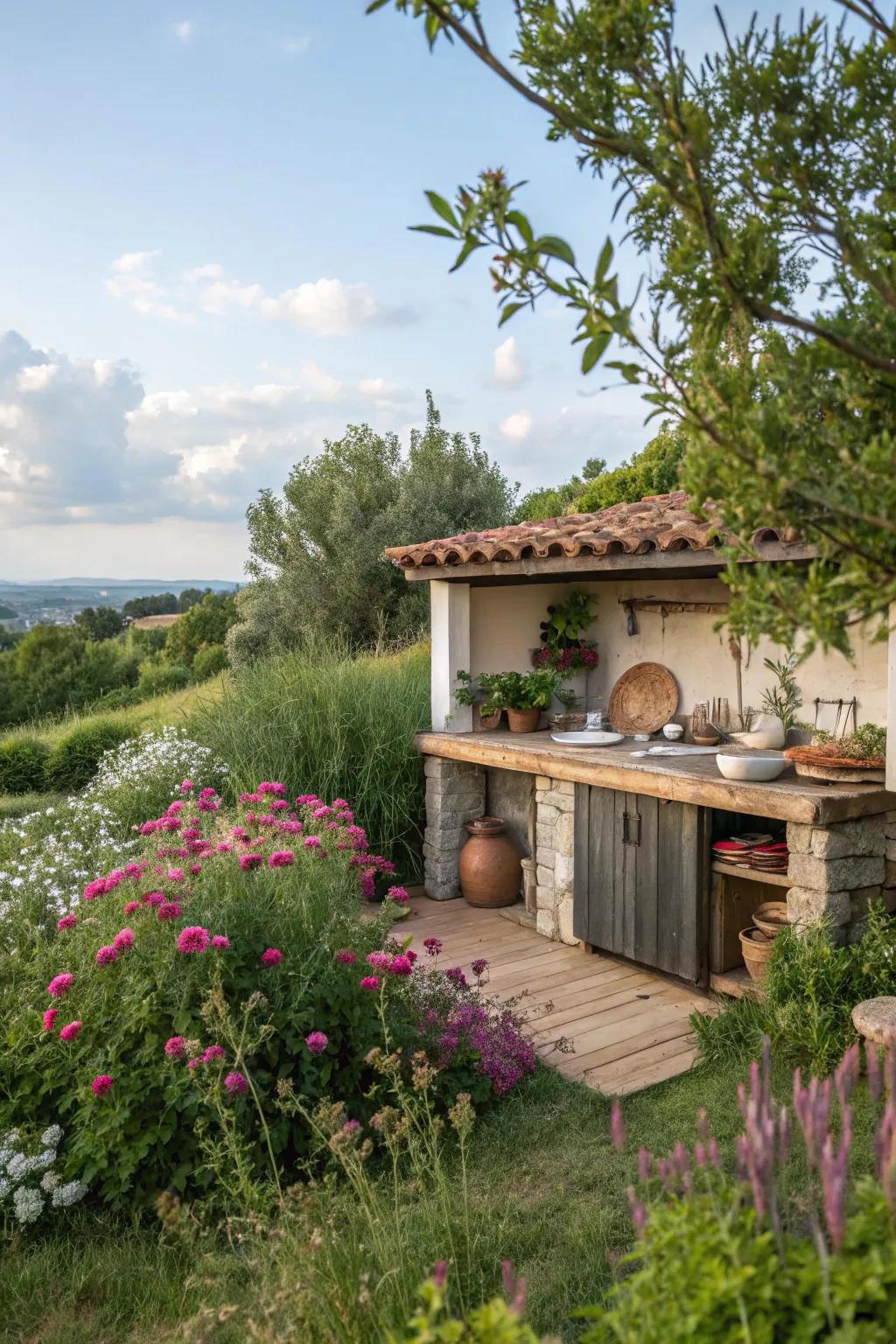 The outdoor cooking area's inherent appeal is enhanced by plants.