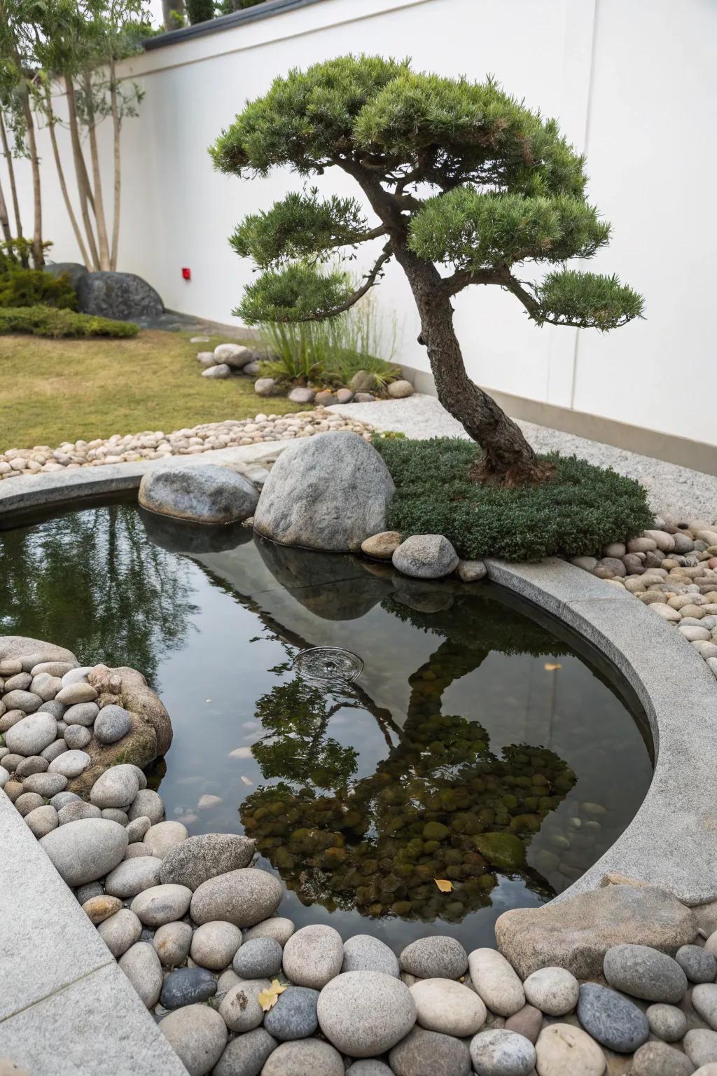 A Zen pond design invites contemplation and inner peace.