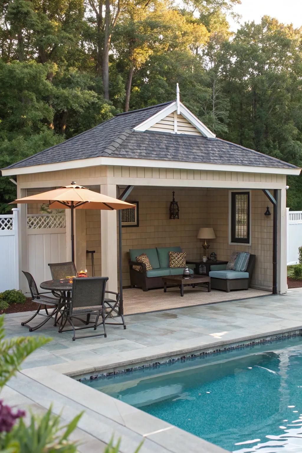 A roofed patio extends the usable space and screens from the sunlight.