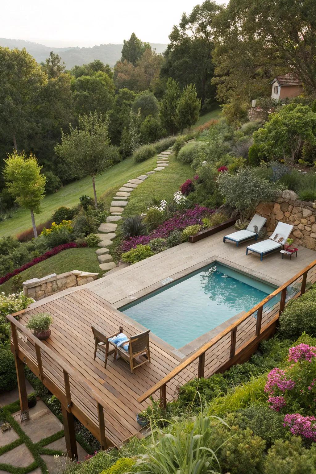 An above-ground pool with a deck, providing stunning garden views.
