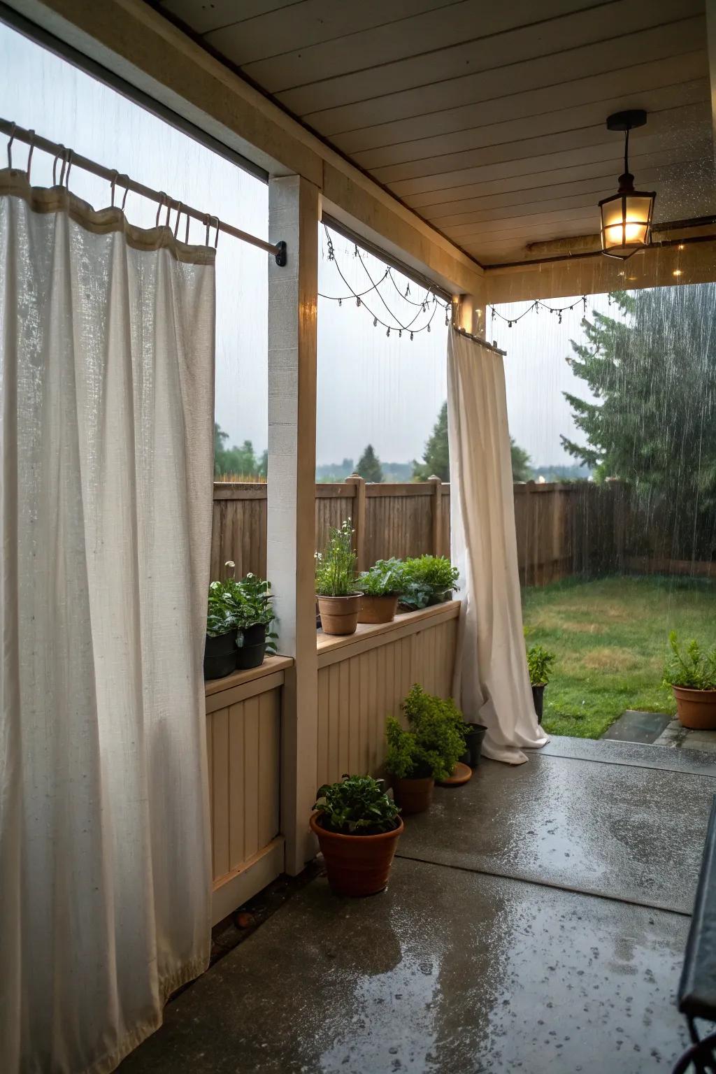 Weather-resistant curtains stand firm against the elements.